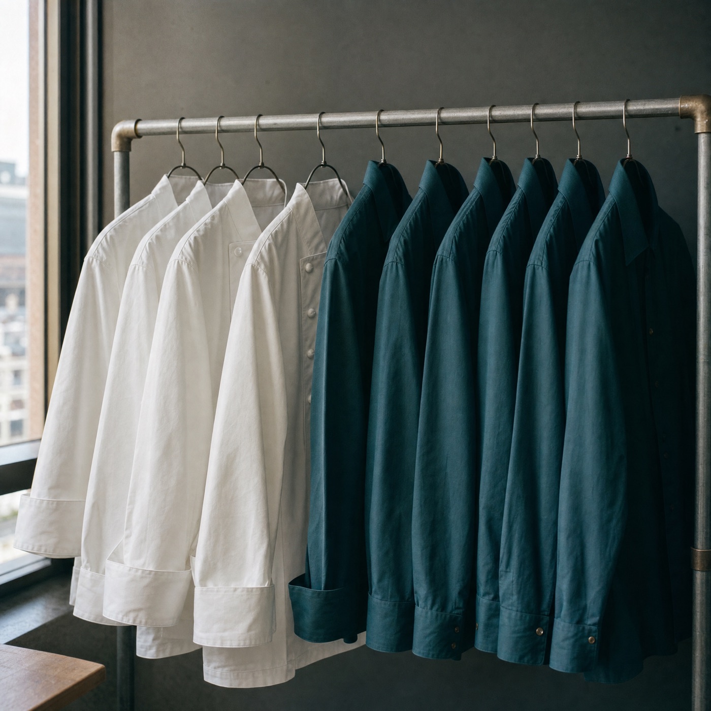 White dress shirts and teal chef coats hanging together on a rolling garment rail by a window.