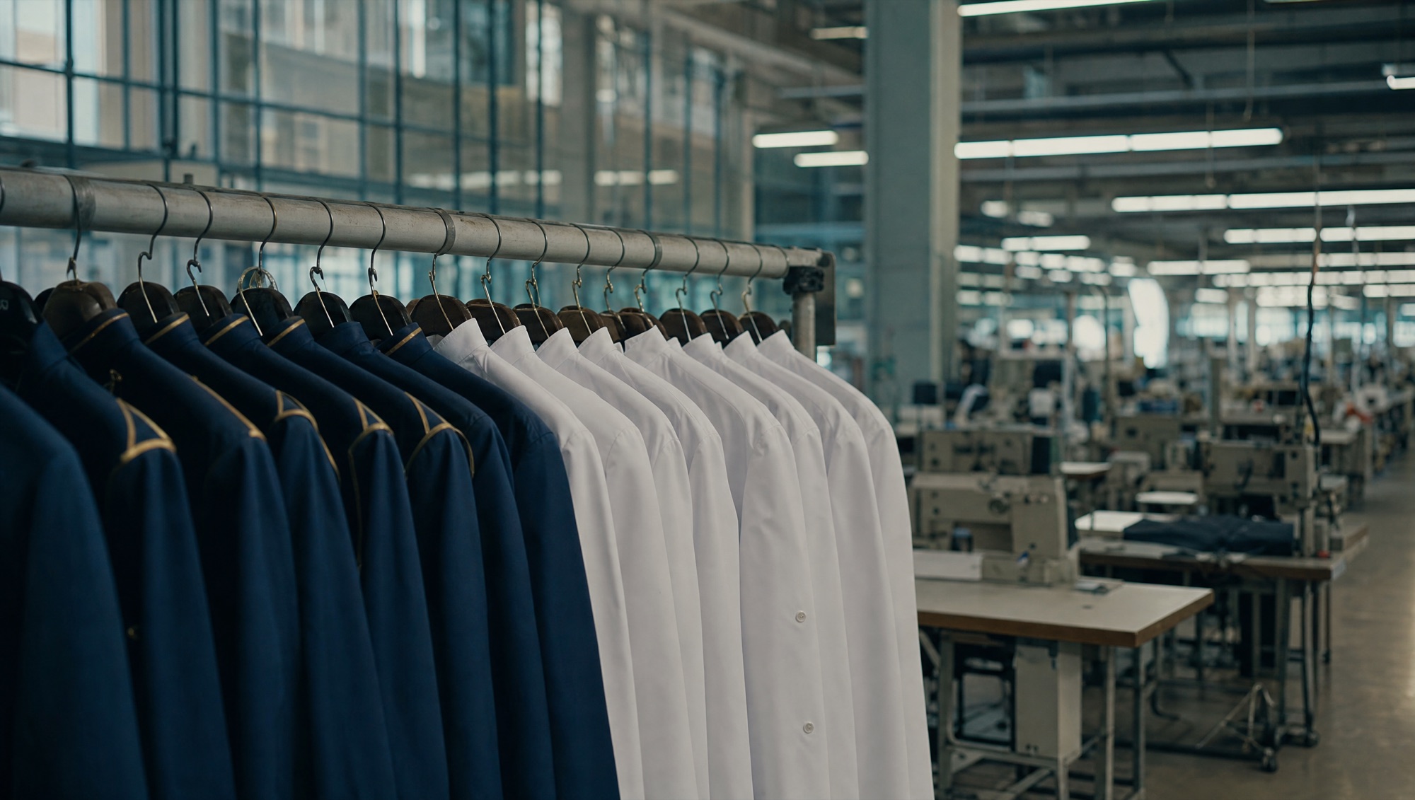Navy jackets and white shirts hanging on a rail on a garment factory floor, with rows of sewing stations visible behind.