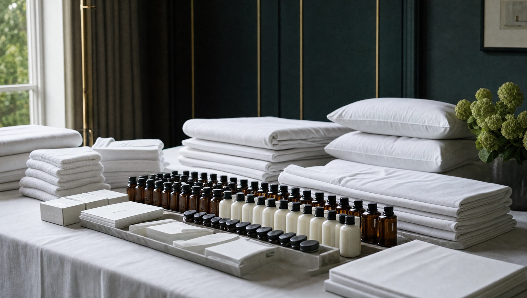 Folded white hotel linen, pillows and rows of amber and white guest amenity bottles arranged on a made-up bed in a dark-panelled room.