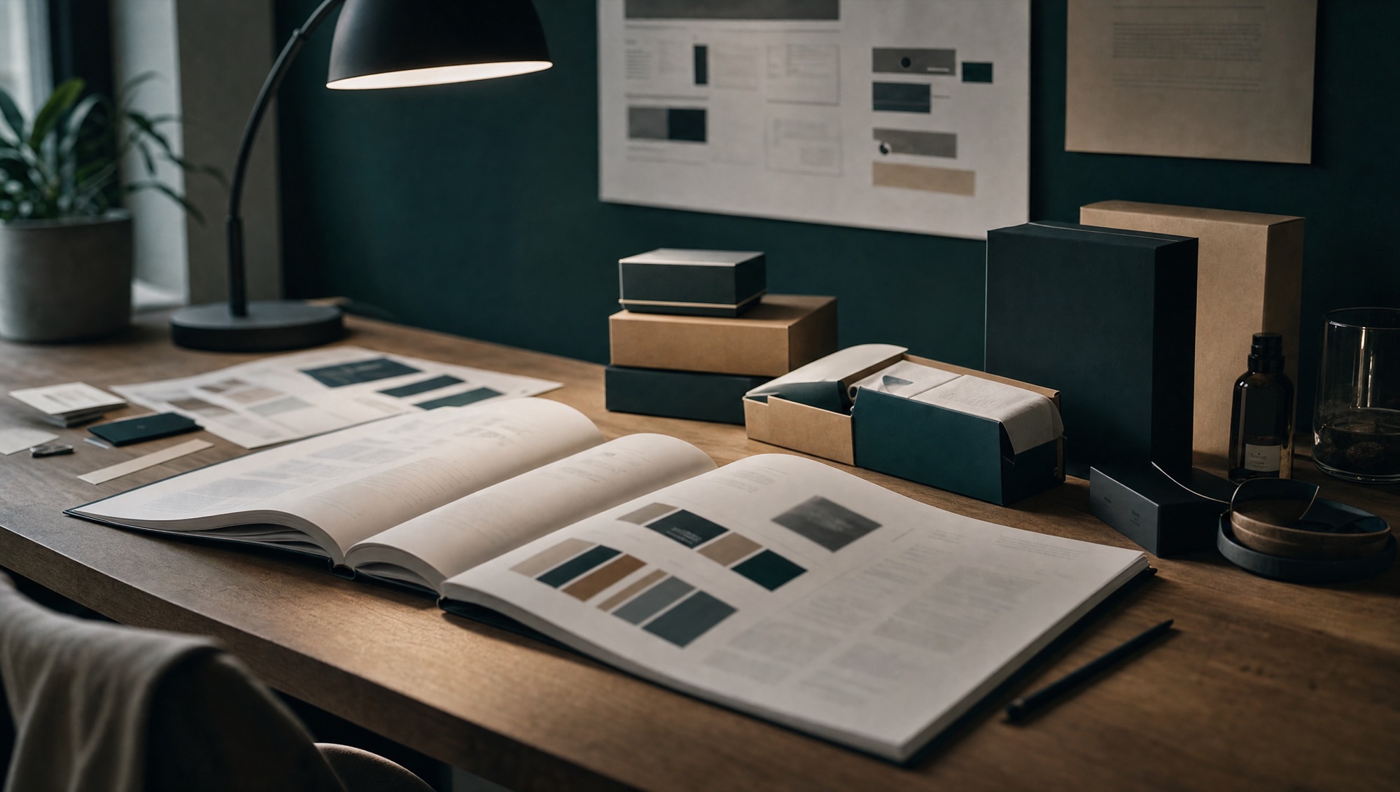 A desk holding an open brand guideline book, colour swatches, business cards and a stack of teal and kraft packaging boxes, lit by a desk lamp with a mounted mood board behind.