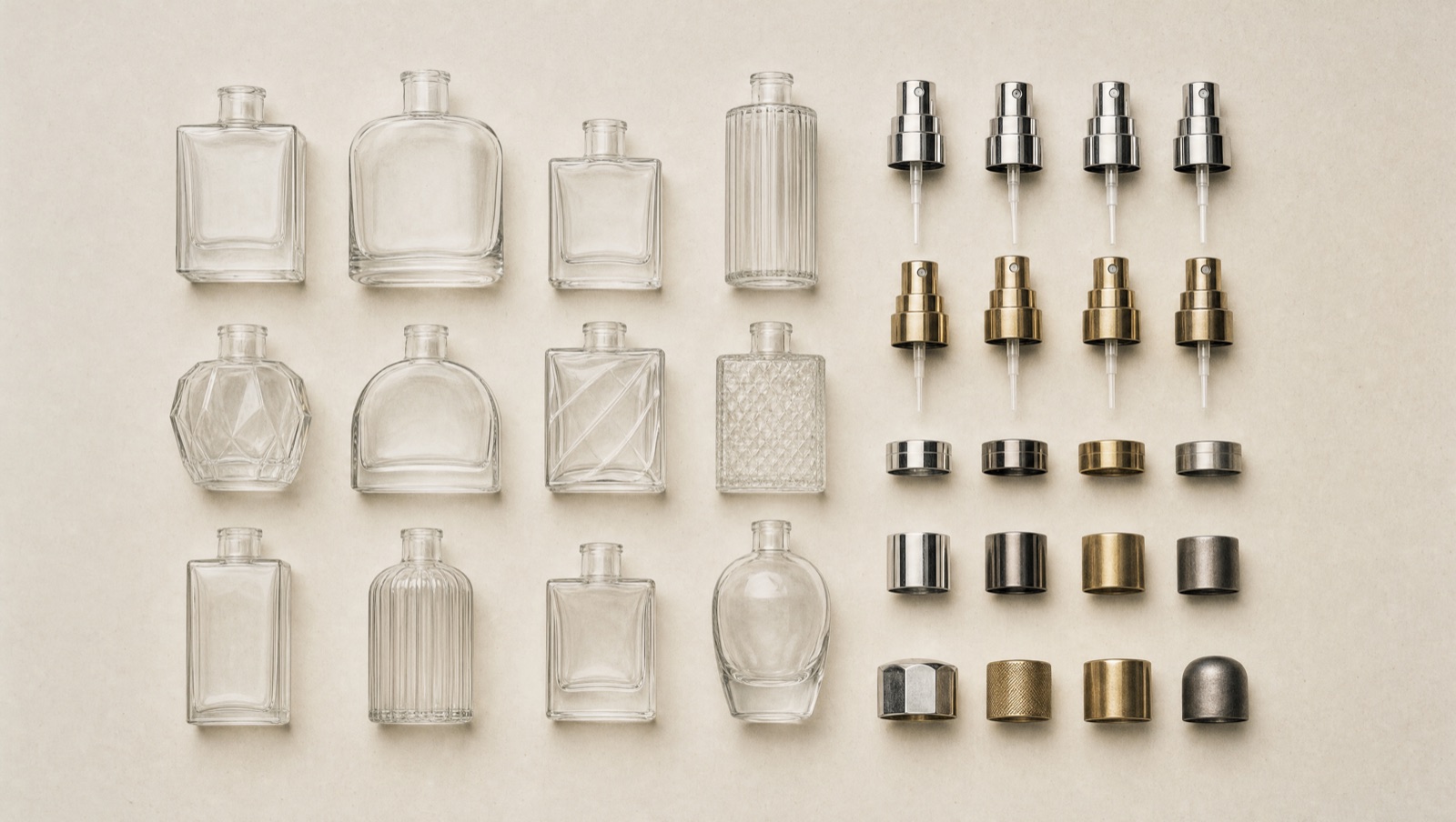 Rows of empty glass perfume bottles in different shapes next to a grid of atomizer pumps and caps in silver, gunmetal and brass finishes, laid flat.